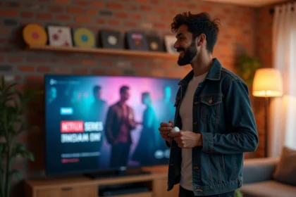Jeune homme écoutant de la musique devant un écran Netflix dans un salon moderne aux murs en briques apparentes