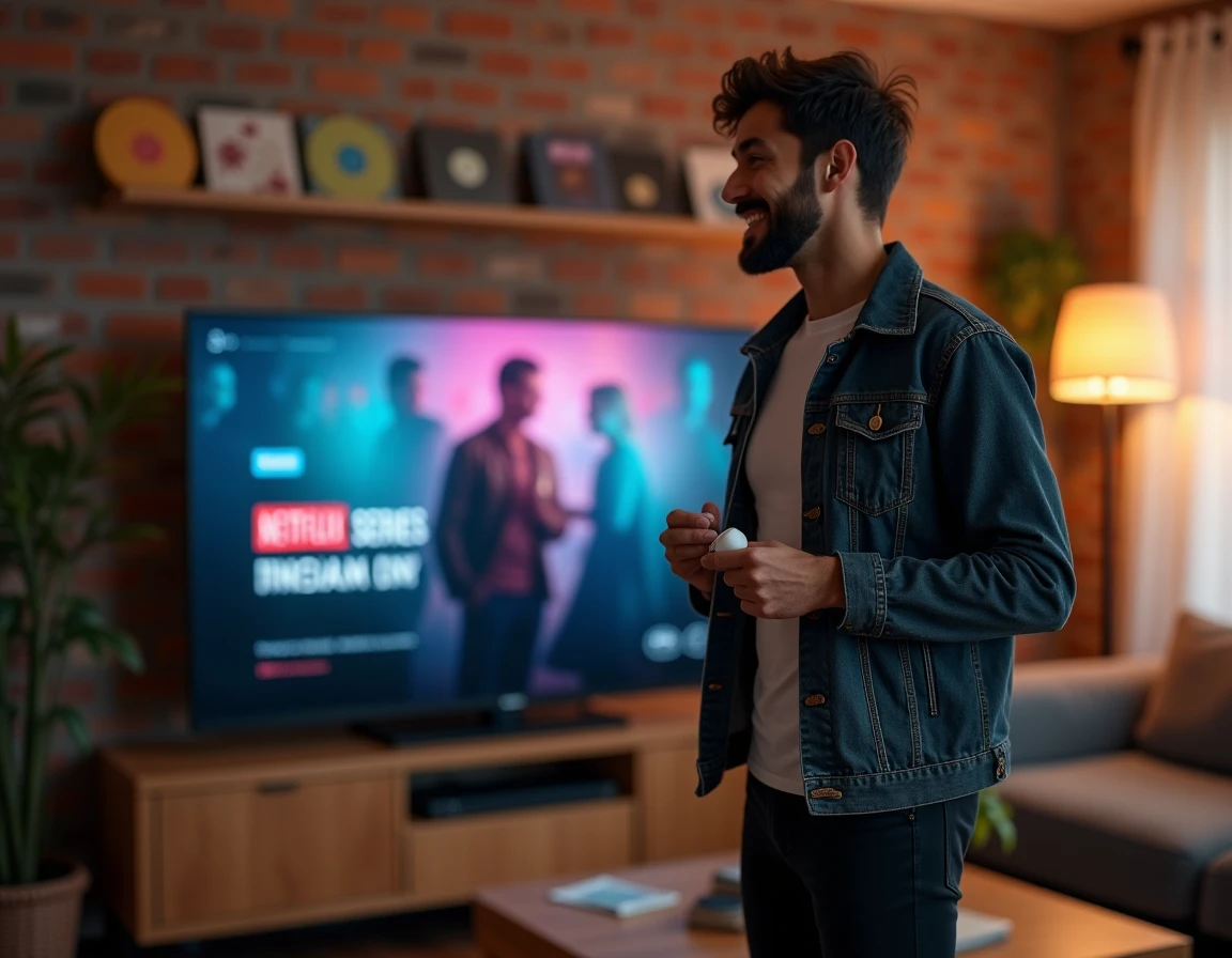 Jeune homme écoutant de la musique devant un écran Netflix dans un salon moderne aux murs en briques apparentes