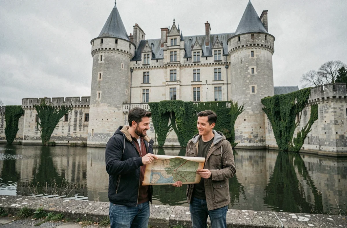 Participants tenant une carte au trésor devant le Château de la Roche dans la Loire