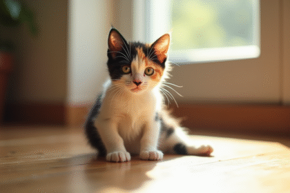 Chaton calico assis sur un sol en bois en lumière naturelle