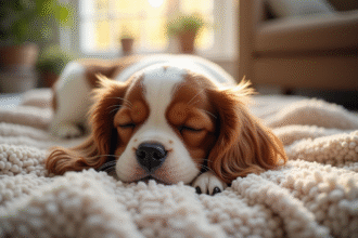 Chiot cavalier king charles dormant paisiblement sur une couverture