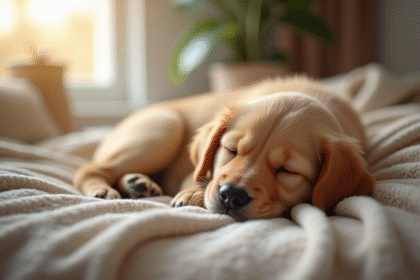 Chiot golden retriever dormant dans un salon lumineux
