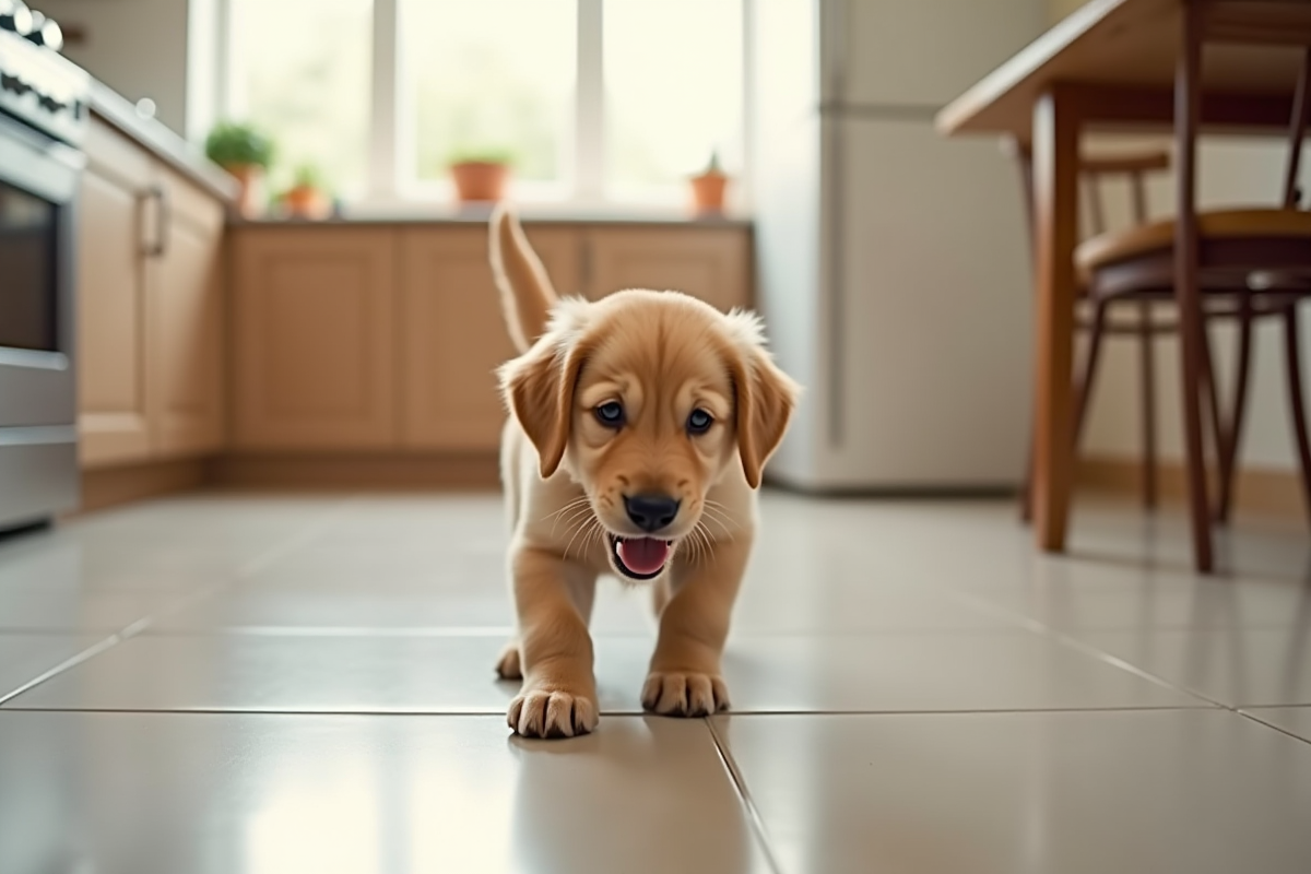 Chiot golden retriever jouant dans la cuisine moderne
