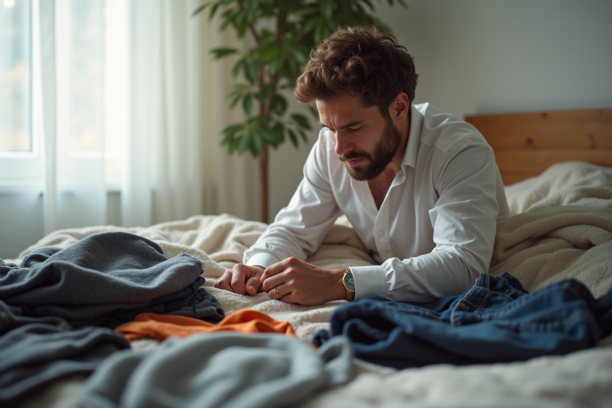 Personne choisissant des vêtements sur un lit lumineux