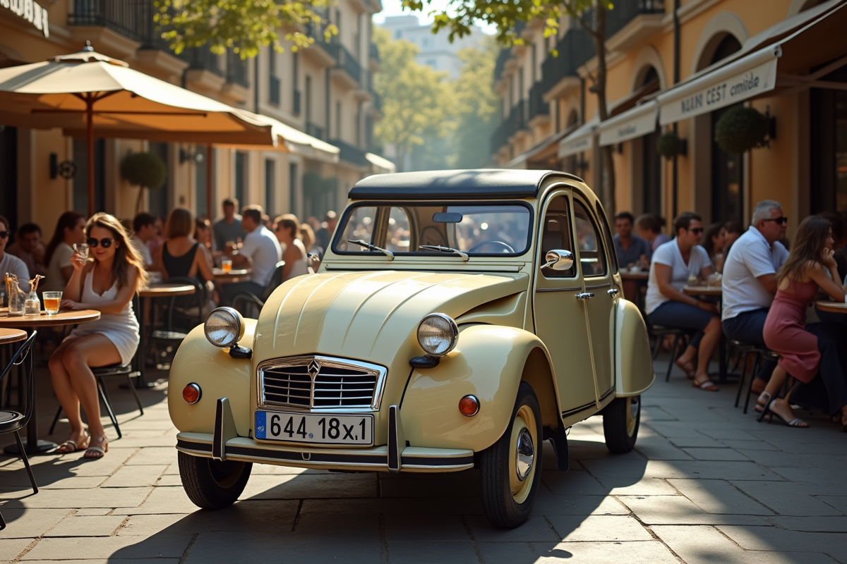 Citroën 2CV dans une terrasse de café en ville