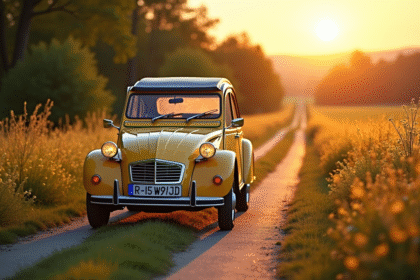 Citroën 2CV en campagne au coucher du soleil