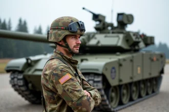 Commandant de tank français à côté d'un Leclerc en extérieur
