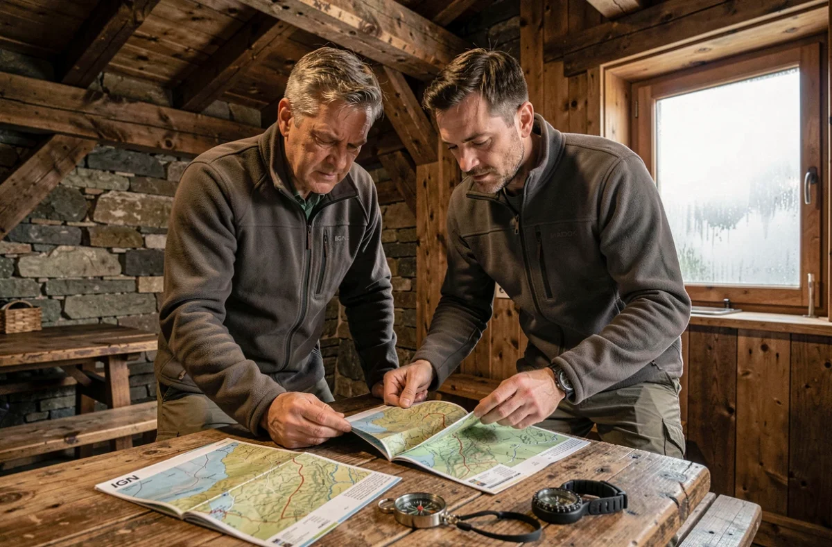 Randonneur comparant des cartes IGN dans un refuge de montagne en bois