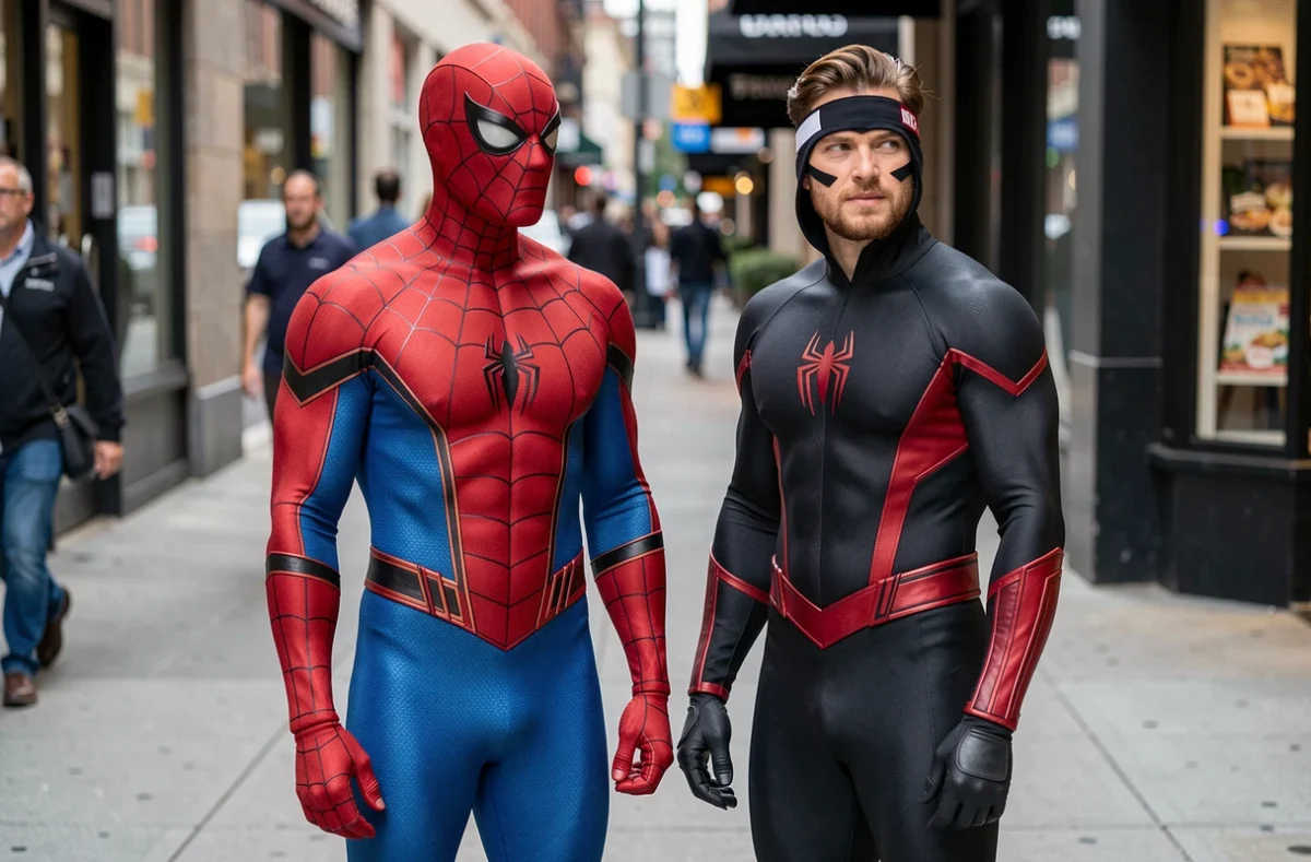 Deux cosplayeurs côte à côte en costumes Spider-Man classique et Miles Morales comparant les deux designs emblématiques sur un trottoir urbain