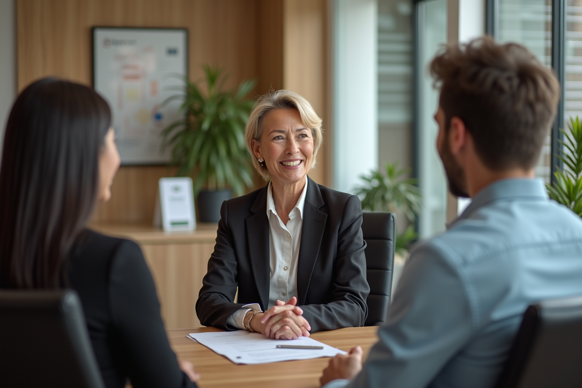 Conseillère financière rassurante avec couple dans bureau