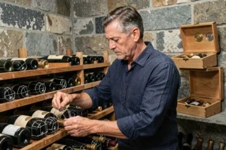 Homme rangeant des bouteilles de champagne avec capsules dans une cave à vin en pierre, collection capsule champagne conservée sur râteliers en bois