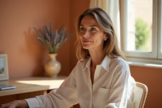 Femme en consultation de médecine esthétique dans un cabinet en Provence, ambiance naturelle et chaleureuse