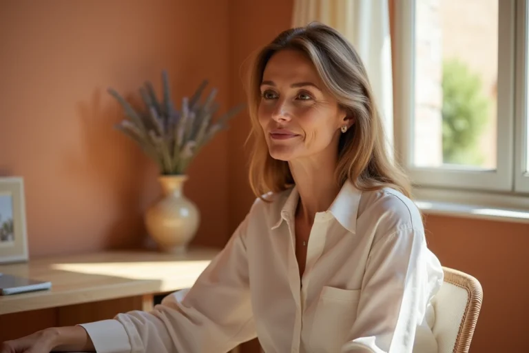 Femme en consultation de médecine esthétique dans un cabinet en Provence, ambiance naturelle et chaleureuse