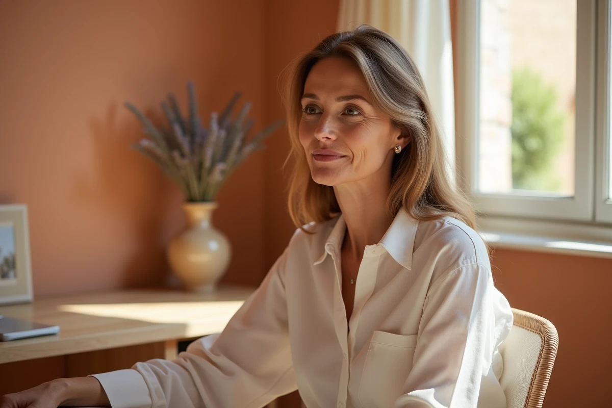 Femme en consultation de médecine esthétique dans un cabinet en Provence, ambiance naturelle et chaleureuse
