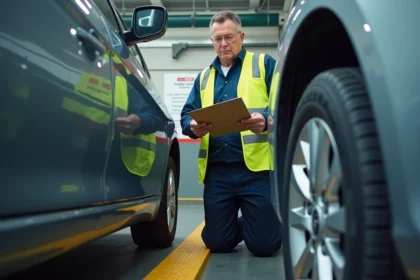 Inspecteur automobile en uniforme examinant une voiture