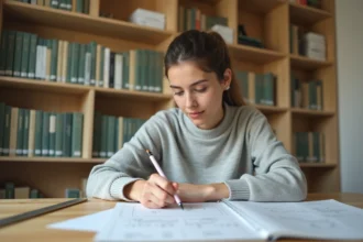 Jeune femme effectuant des conversions de mètres carrés en centimètres carrés sur un carnet de notes posé sur un bureau en bois