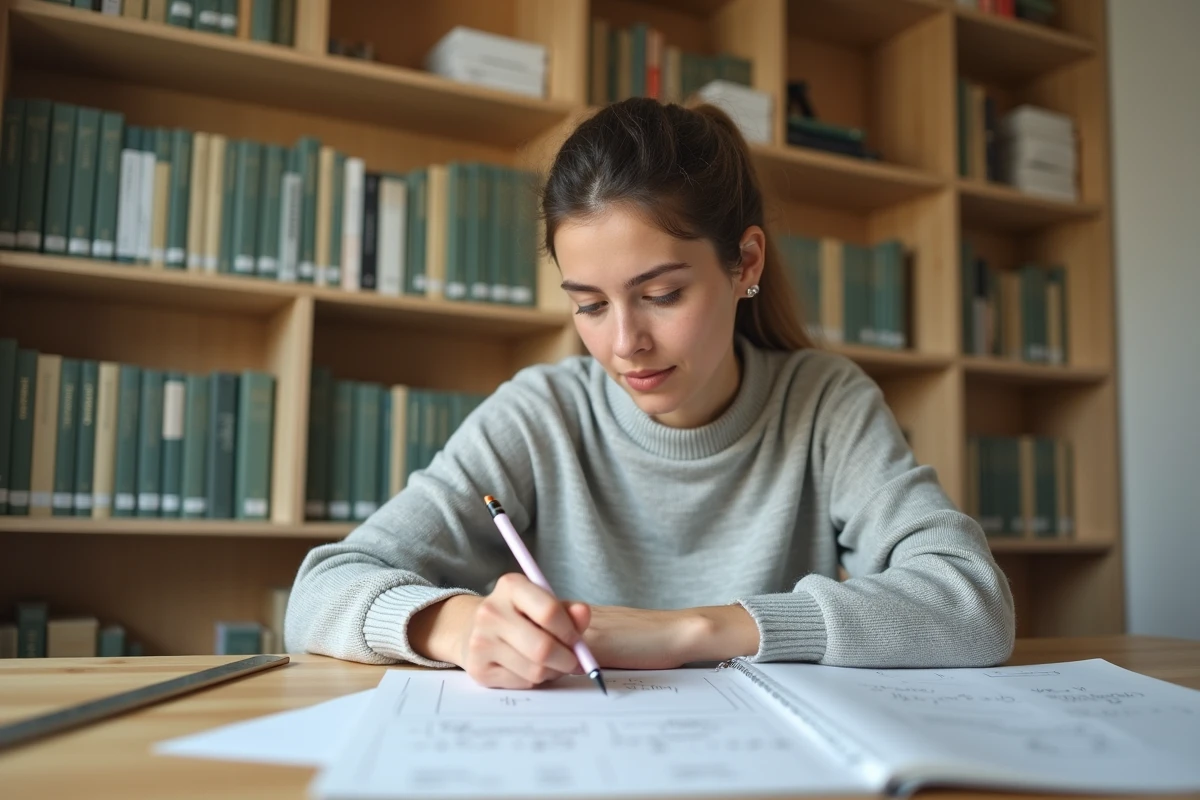 Jeune femme effectuant des conversions de mètres carrés en centimètres carrés sur un carnet de notes posé sur un bureau en bois