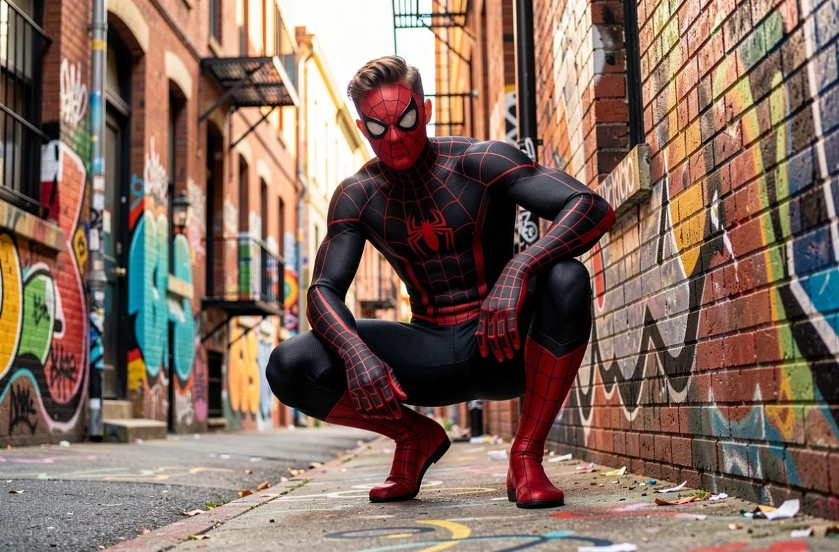 Cosplayeur en costume Miles Morales Spider-Man noir et rouge accroupi sur un mur de briques couvert de graffitis dans un quartier urbain