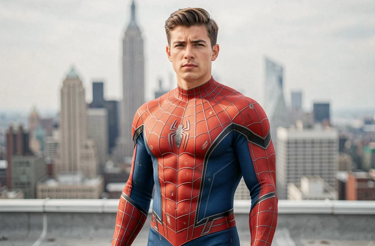 Cosplayeur adulte en costume Spider-Man classique rouge et bleu sur un toit urbain avec la ville en arrière-plan