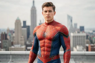 Cosplayeur adulte en costume Spider-Man classique rouge et bleu sur un toit urbain avec la ville en arrière-plan