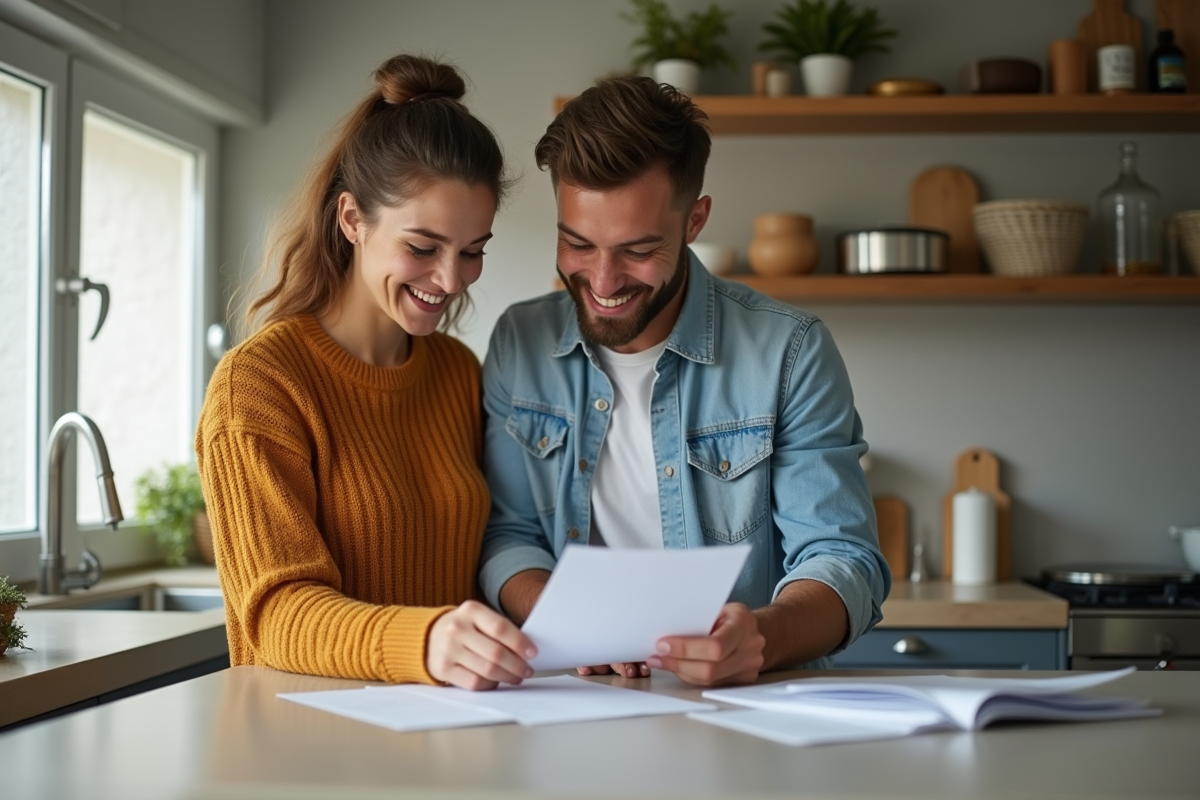Jeune couple souriant devant documents de prêt immobilier
