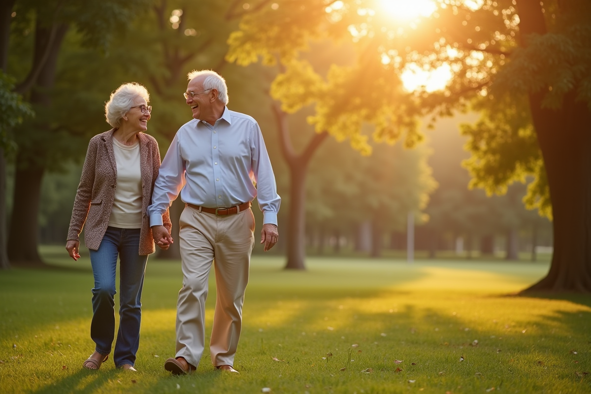 Couple âgé marchant dans un parc ensoleillé et paisible