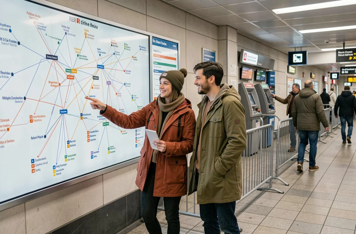 Couple planifiant un itinéraire sur la carte du réseau RER en gare de banlieue