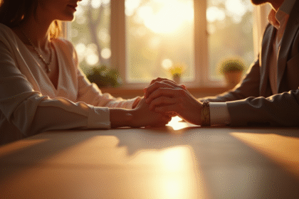 Couple marié tenant la main à une table ensoleillée