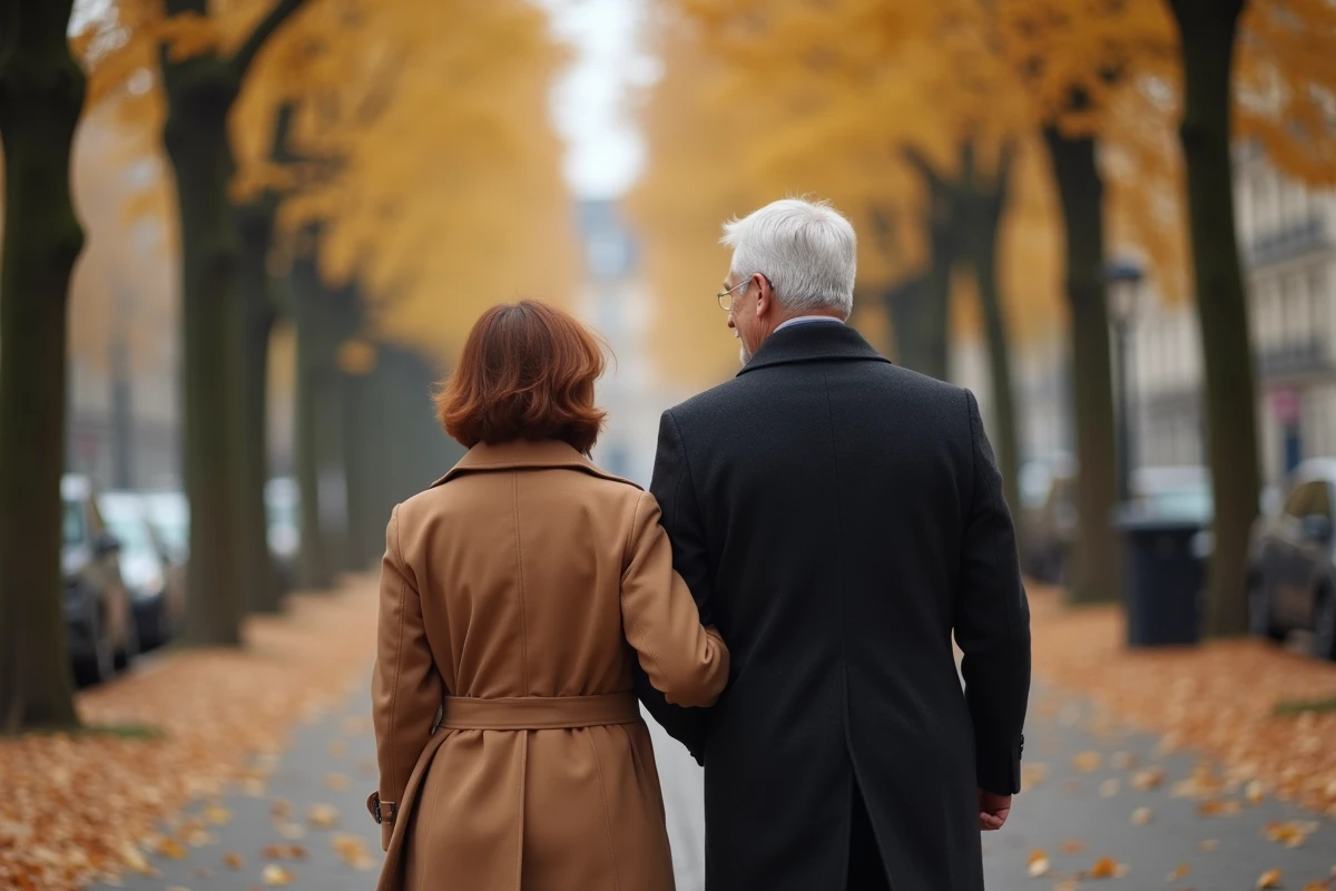 Couple mature marchant côte à côte sur un boulevard parisien en automne, symbolisant la vie sentimentale et la complicité