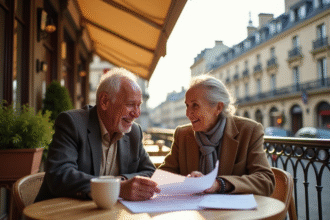 Couple agee souriant au cafe a paris pour article sur retraite
