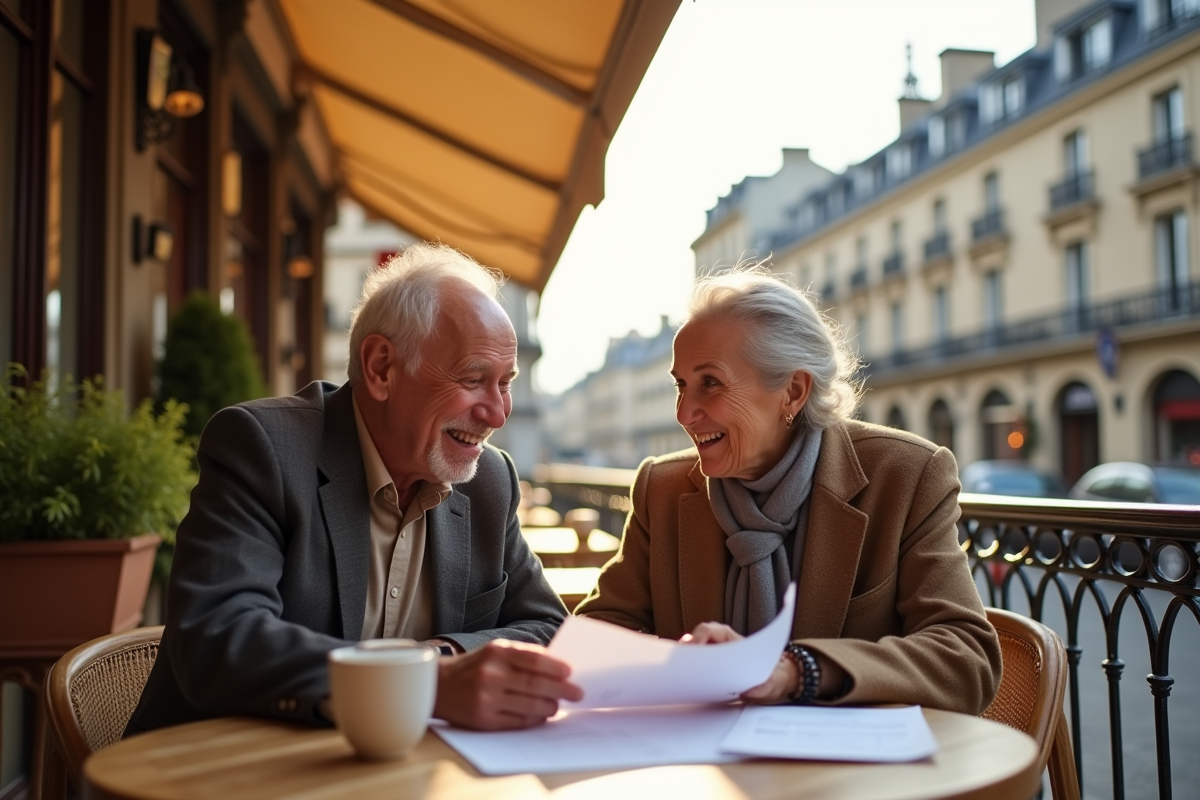 Couple agee souriant au cafe a paris pour article sur retraite