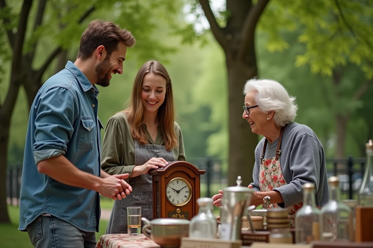 Couple négociant avec une vendeuse lors d'un vide grenier dans un parc des Yvelines