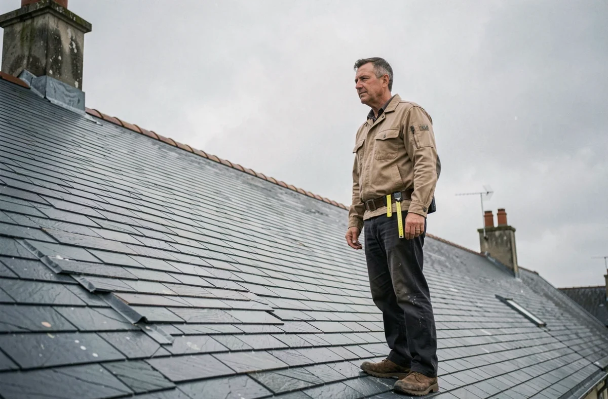 Couvreur de Couverture Caron debout sur un toit en ardoise rénové d'une maison de ville lorraine