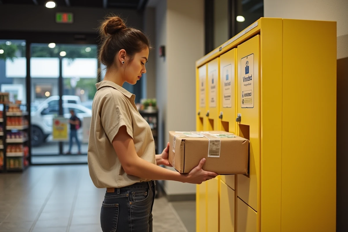 Femme déposant un colis dans un casier Vinted Go dans un commerce de proximité