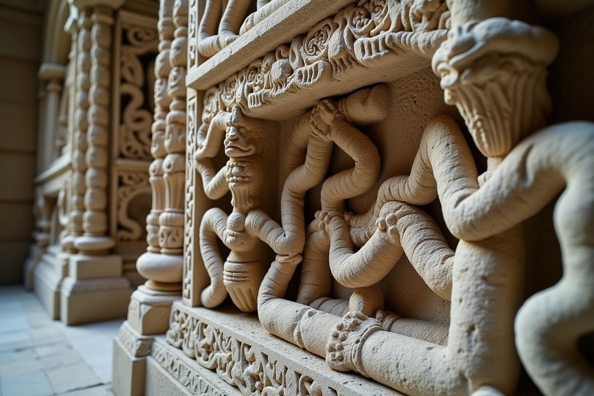 Détail de sculptures en galets et ciment du Palais Idéal du Facteur Cheval, témoignant d'un travail artisanal obsessionnel