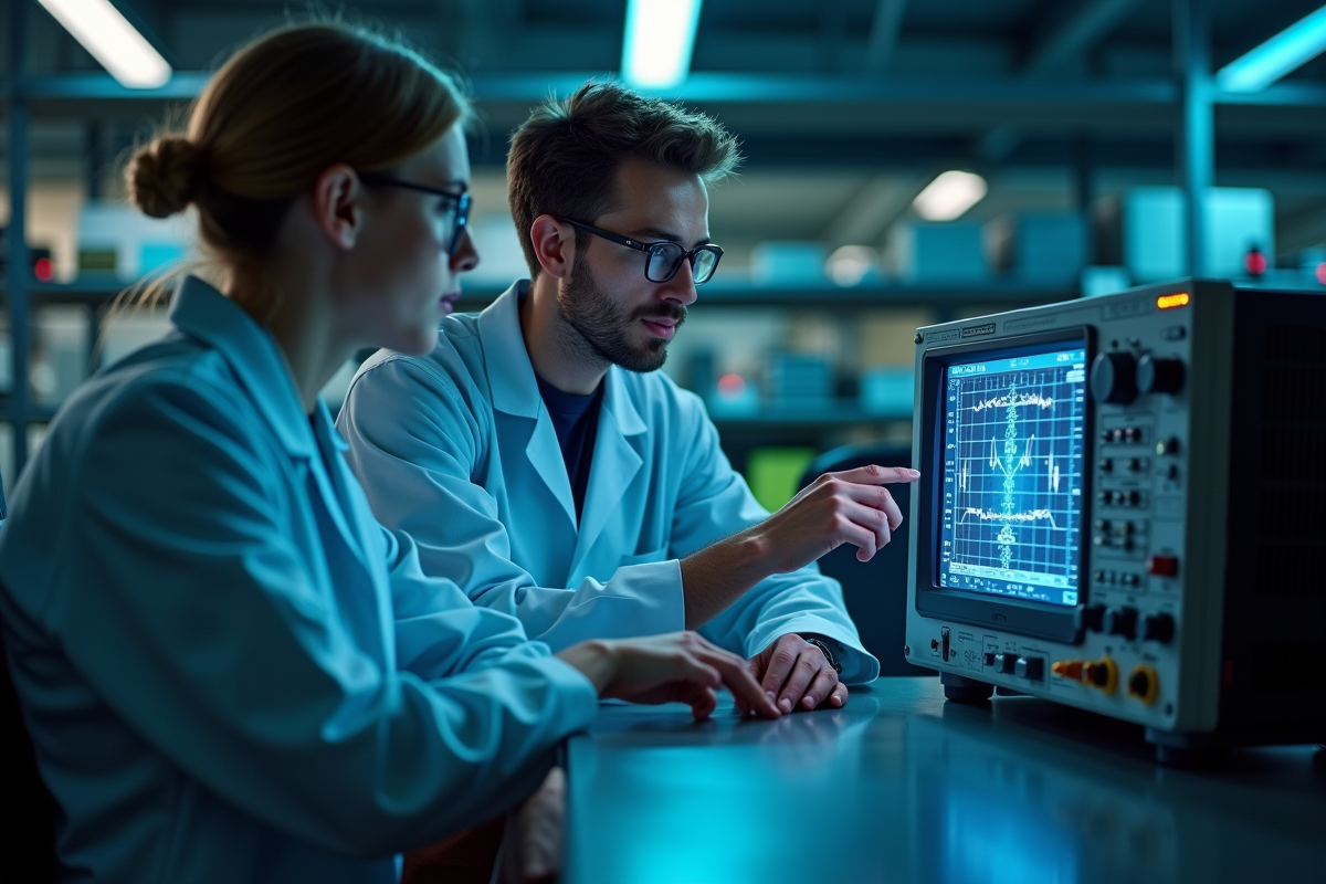 Deux étudiants analysent un oscilloscope dans un laboratoire lumineux