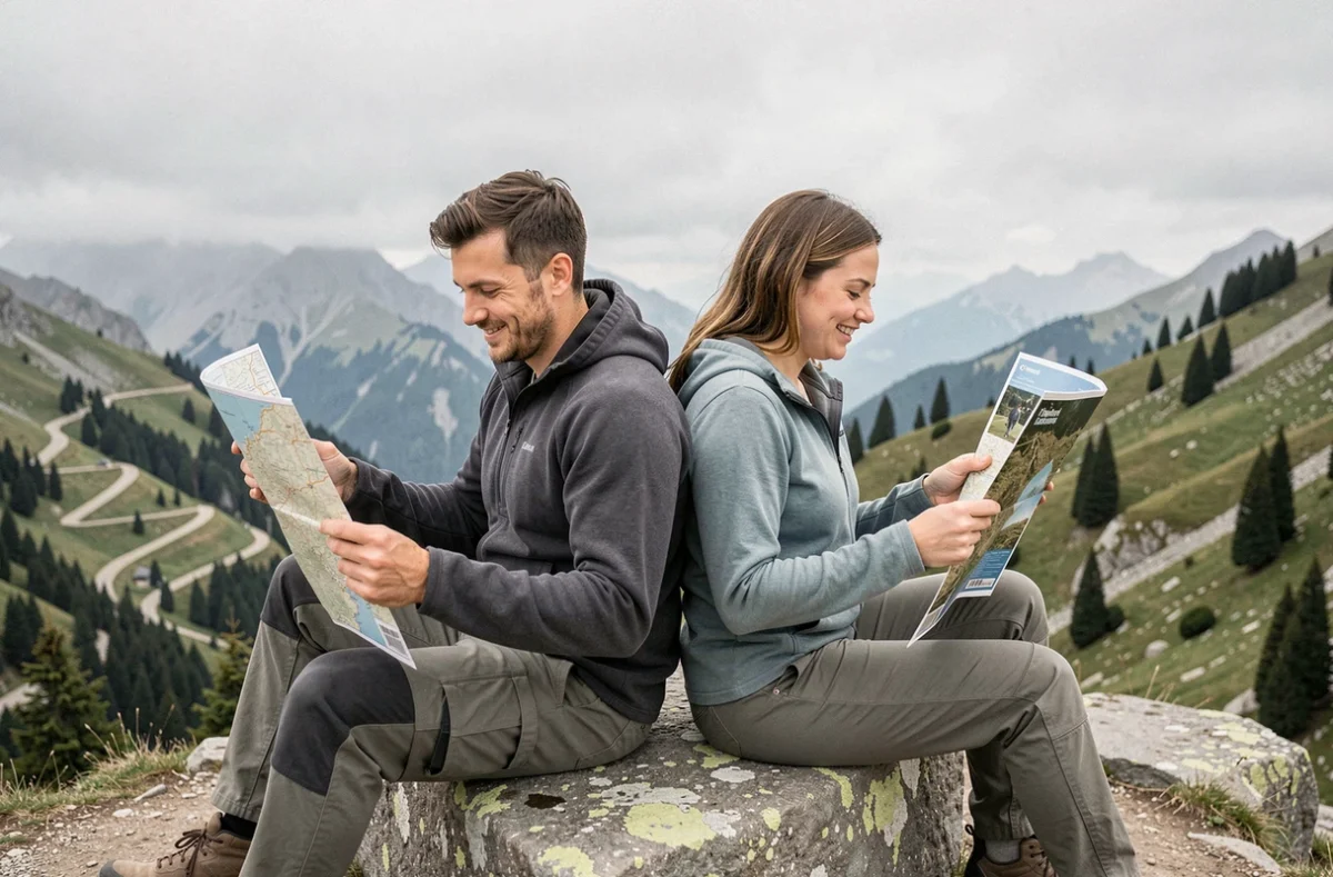 Deux randonneurs au sommet comparant différents formats de cartes de randonnée en montagne