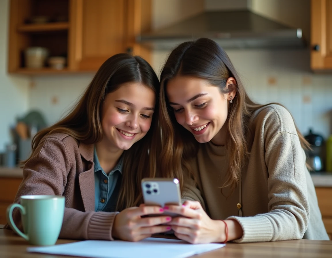 Une adolescente montre son téléphone à une femme adulte autour d'une table de cuisine, scène authentique illustrant le dialogue intergénérationnel et la compréhension du langage des jeunes