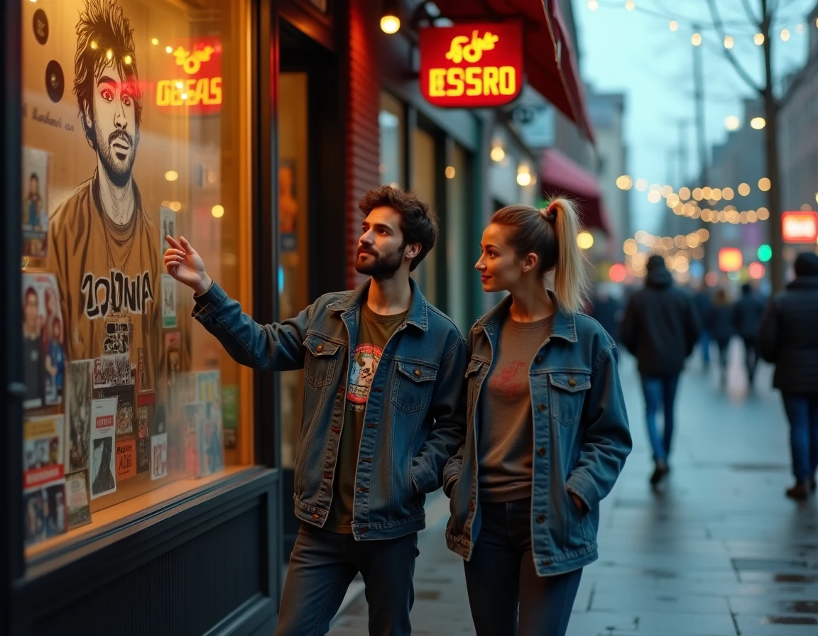 Deux personnes devant une boutique de disques vintage évoquant un chanteur américain populaire lié à une série Netflix
