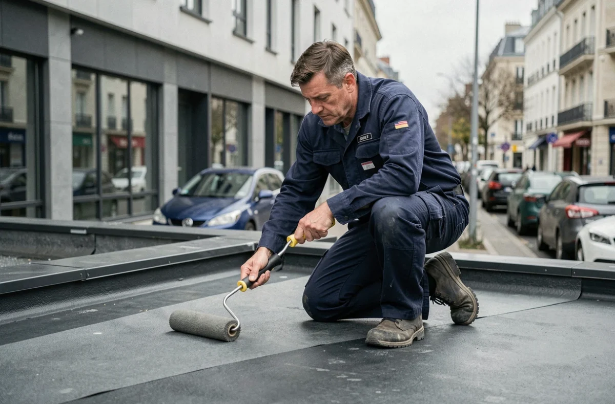 Couvreur de DLB Couverture appliquant une membrane d'étanchéité sur un toit plat commercial en Sarthe