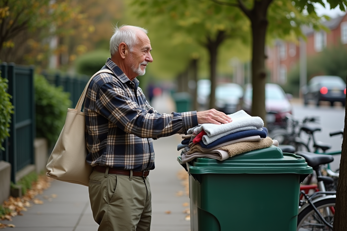 Homme donant des vêtements dans une collecte en extérieur