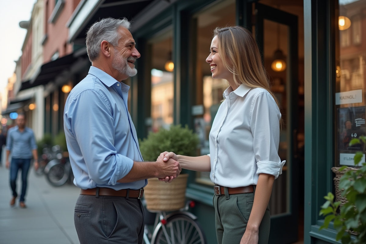 Homme et femme se serrant la main devant une boutique de rue