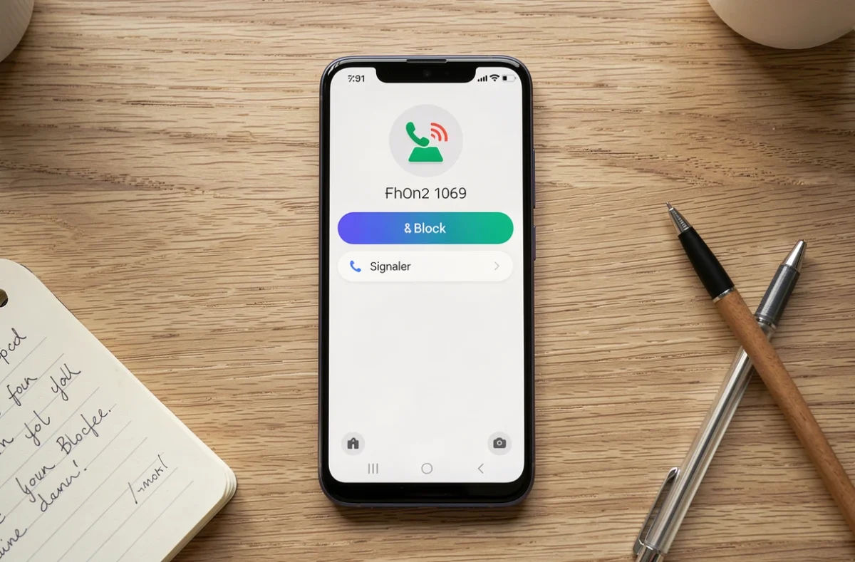 Gros plan sur un smartphone affichant une option de blocage d'un numéro de téléphone inconnu avec un bloc-notes et stylo sur un bureau en bois