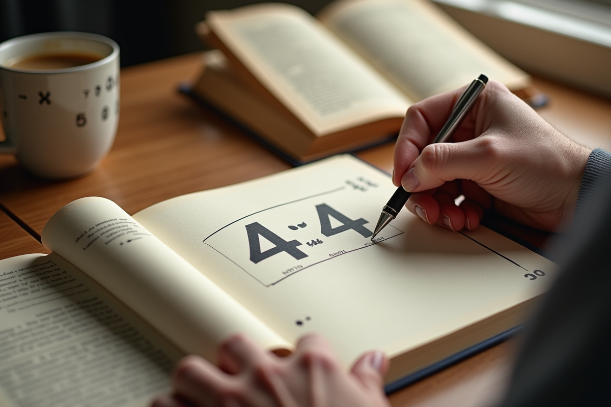 Main écrivant 4h44 dans un carnet avec livres de numerologie