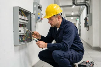 Électricien professionnel inspectant un tableau électrique dans un immeuble résidentiel à Toulouse