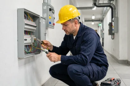 Électricien professionnel inspectant un tableau électrique dans un immeuble résidentiel à Toulouse