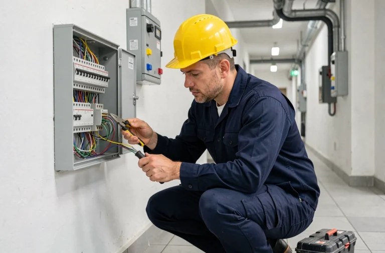 Électricien professionnel inspectant un tableau électrique dans un immeuble résidentiel à Toulouse