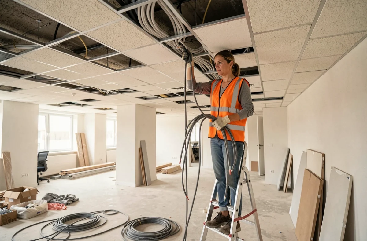 Électricienne travaillant sur l'installation électrique d'un bureau en rénovation à Toulouse