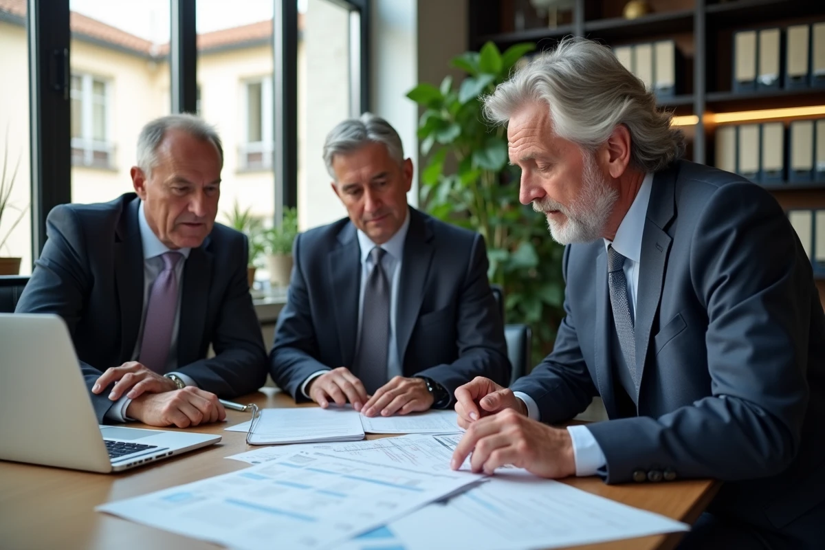 Élus locaux dont un adjoint au maire analysant des données budgétaires en réunion de travail dans un bureau municipal moderne