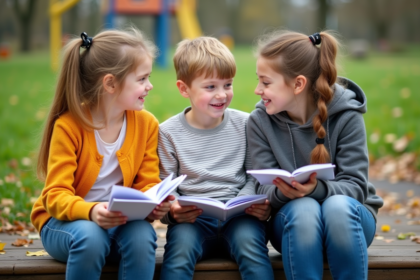 Trois enfants de différents âges discutent dans un parc en automne